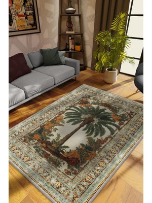 Homshtag Art Deco Palmiye Ağacı Vintage Halı Görünümlü Dijital Baskı Renkli Halı,Rustik Çiçekli Halı