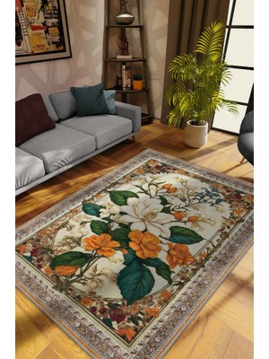 Homshtag Art Deco Yasemin Çiçeği Vintage Halı Görünümlü Dijital Baskı Renkli Halı,Rustik Çiçek Halı