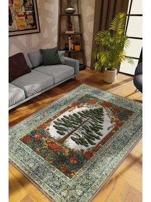 Homshtag Art Deco Çam Ağacı Vintage Halı Görünümlü Dijital Baskı Renkli Halı,Rustik Çiçekli Halı