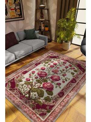 Homshtag Art Deco Erguvan Çiçeği Vintage Halı Görünümlü Dijital Baskı Pembe Halı,Rustik Çiçekli Halı