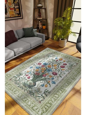 Homshtag Art Deco Tomurcuk Çiçeği Vintage Halı Görünümlü Baskı Renkli Halı Rustik Çiçekli Halı