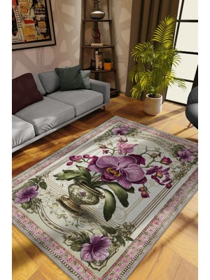 Homshtag Art Deco Orkide Çiçeği Vintage Halı Görünümlü Dijital Baskı Renkli Halı,Rustik Çiçekli Halı