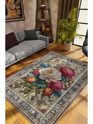 Homshtag Art Deco Şakayık Çiçeği Vintage Halı Görünümlü Dijital Baskı Renkli Halı Rustik Çiçek Halı