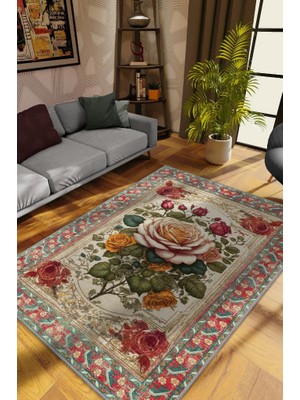 Homshtag Art Deco Gül Çiçeği Vintage Halı Görünümlü Dijital Baskı Renkli Halı,Rustik Çiçekli Halı