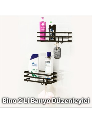 Bino Banyo Düzenleyici Şampuanlık Sabunluk 2 Li Set Lamalı Yapışkanlı 4 Askılı Duş Rafı Organizer