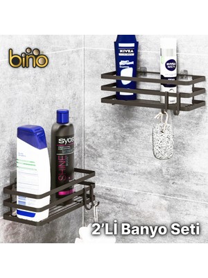 Bino Banyo Düzenleyici Şampuanlık Sabunluk 2 Li Set Lamalı Yapışkanlı 4 Askılı Duş Rafı Organizer