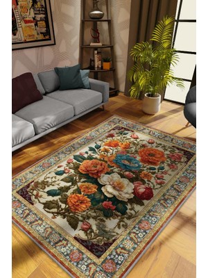 Homshtag Art Deco Renkli Çiçekler Vintage Halı Görünümlü Dijital Renkli Halı,Rustik Çiçekli Halı