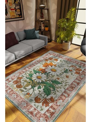 Homshtag Art Deco Papatya Çiçeği Vintage Halı Görünümlü Dijital Baskı Renkli Halı,Rustik Çiçekli Halı