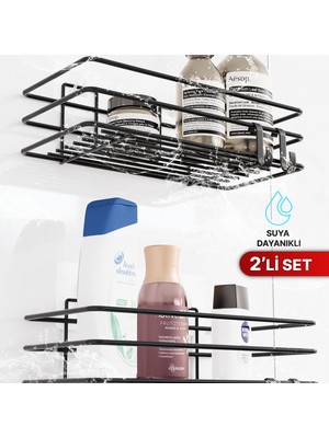 Bino 2li Set Banyo Düzenleyici Şampuanlık Mat Siyah Yapışkanlı 4 Askılı Duş Rafı Paslanmaz Organizer