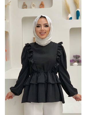 Bym Fashion FırfırBel Lastikli Kat Görünümlü Bluz 5207 Siyah