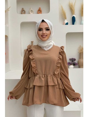 Bym Fashion FırfırBel Lastikli Kat Görünümlü Bluz 5207 Taba