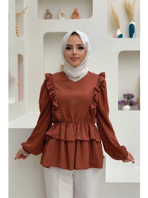 Bym Fashion FırfırBel Lastikli Kat Görünümlü Bluz 5207 Kahverengi