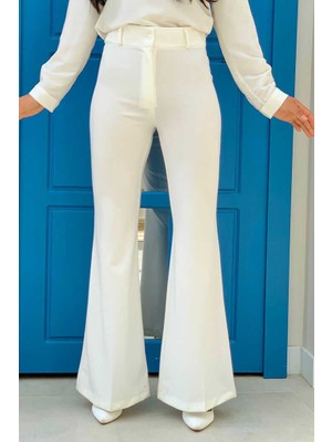 Bym Fashion Bel Fermuarlı İspanyolpaça Pantolon 0231 Ekru