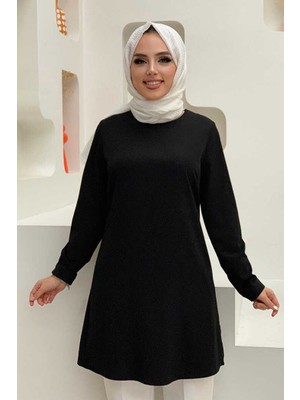 Bym Fashion Kol Manşetleri Düğmeli Bisiklet Yaka Uzun Tunik 2649 Siyah