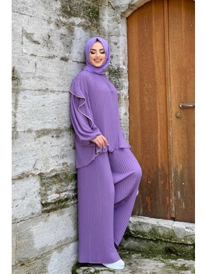 Bym Fashion Piliseli Fırfırlı Şerit Detaylı Bisiklet Yaka Bluz 2627 Lila