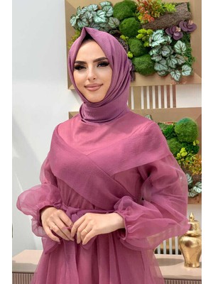 Bym Fashion Omuz ŞeritBel Bağlamalı Tül Abiye Elbise 3964 Lila