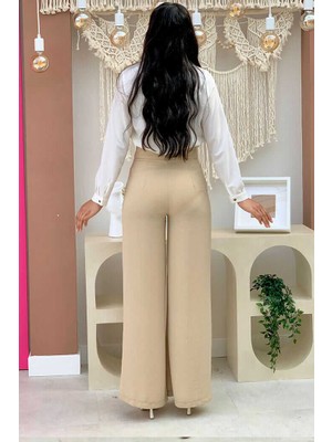 Bym Fashion Cepli Düğme Detaylı Bol Paça Pantolon 0261 Taş