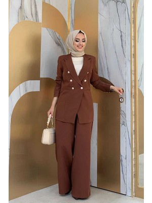 Bym Fashion Bym Düğme Detay Blazer Ceket Bol Pantolon Takım 8302 Kahverengi