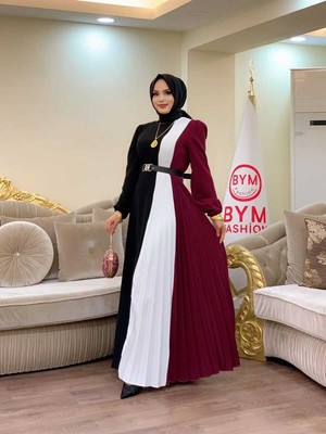 Bym Fashion Üç Renkli Bel Kemer PiliseElbise 3622 Bordo