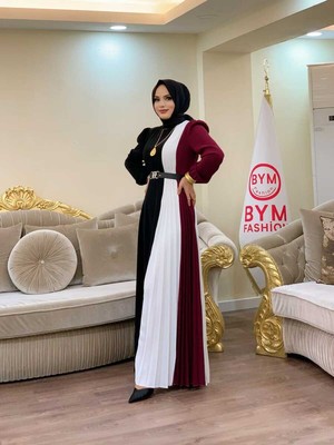 Bym Fashion Üç Renkli Bel Kemer PiliseElbise 3622 Bordo