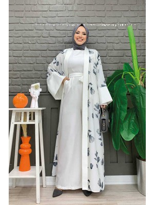 Bym Fashion Bym Desenli Abaya Düz Cep Detay Kuşaklı Sıfır Kol Tulum Takım 8312 Ekru