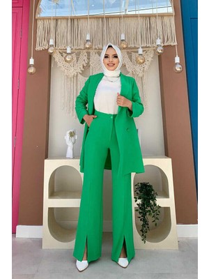 Bym Fashion Bym Düğme Detaylı Ceket Yırtmaç Görünümlü Pantolon Takım 8293 Yeşil