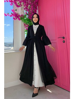 Bym Fashion Bym Kemer Aksesualrı Şifon Detaylı Abaya ve Içlik Takım 8391 Siyah