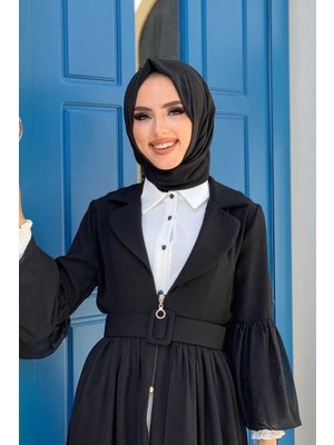 Bym Fashion Bym Kemer Aksesualrı Şifon Detaylı Abaya ve Içlik Takım 8391 Siyah