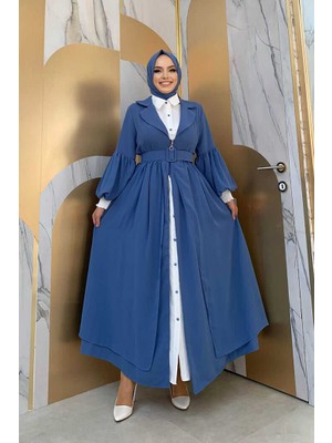 Bym Fashion Bym Kemer Aksesualrı Şifon Detaylı Abaya ve Içlik Takım 8391 Indigo