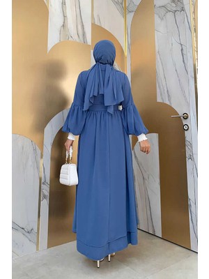 Bym Fashion Bym Kemer Aksesualrı Şifon Detaylı Abaya ve Içlik Takım 8391 Indigo