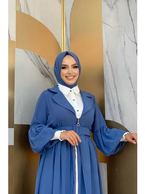 Bym Fashion Bym Kemer Aksesualrı Şifon Detaylı Abaya ve Içlik Takım 8391 Indigo