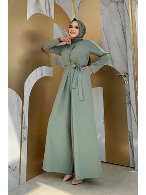 Bym Fashion Bym Göğüs Kısmı Gizli Düğme Detaylı Bel Kuşaklı Tulum 3676 Mint