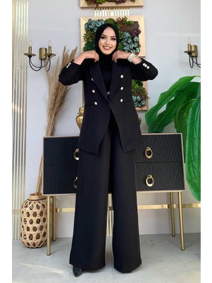 Bym Fashion Bym Düğme Detay Blazer Ceket Bol Pantolon Takım 8302 Siyah