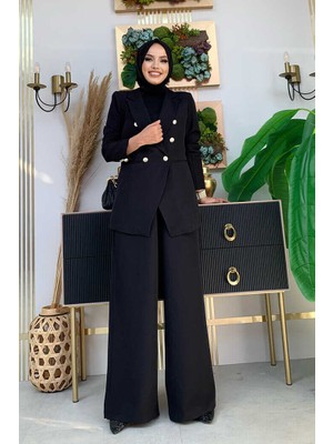 Bym Fashion Bym Düğme Detay Blazer Ceket Bol Pantolon Takım 8302 Siyah