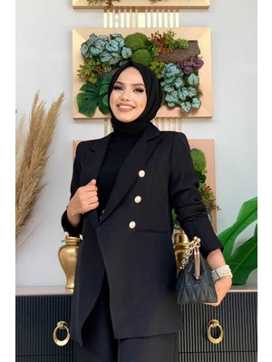 Bym Fashion Bym Düğme Detay Blazer Ceket Bol Pantolon Takım 8302 Siyah