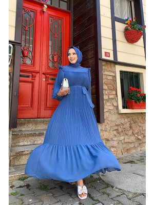 Bym Fashion Bym Piliseli Fırfır Görünümlü Bel Kuşaklı Şifon Elbise 3628 Indigo