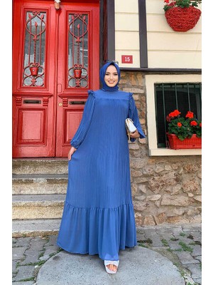 Bym Fashion Bym Piliseli Fırfır Görünümlü Bel Kuşaklı Şifon Elbise 3628 Indigo