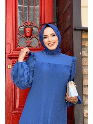 Bym Fashion Bym Piliseli Fırfır Görünümlü Bel Kuşaklı Şifon Elbise 3628 Indigo