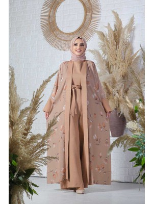 Bym Fashion Desenli Abaya Düz Cep Detay Kuşaklı Sıfır Kol Tulum Takım 8312 Taba