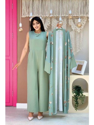 Bym Fashion Bym Desenli Abaya Düz Cep Detay Kuşaklı Sıfır Kol Tulum Takım 8312 Mint