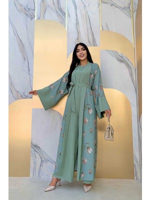 Bym Fashion Bym Desenli Abaya Düz Cep Detay Kuşaklı Sıfır Kol Tulum Takım 8312 Mint