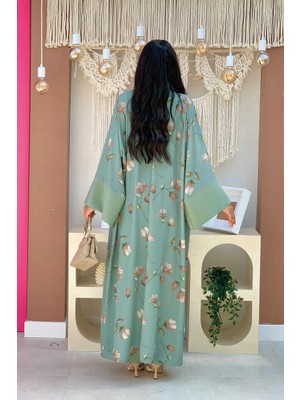 Bym Fashion Bym Desenli Abaya Düz Cep Detay Kuşaklı Sıfır Kol Tulum Takım 8312 Mint