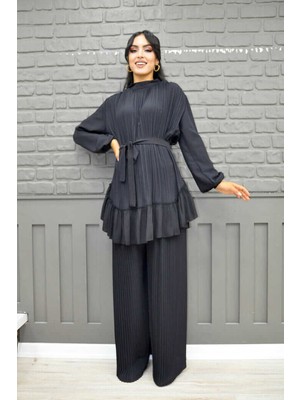 Bym Fashion Bym Eteği Pile Görünümlü Bel Kuşaklı Piliseli Tunik 2673 Siyah