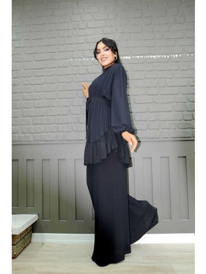 Bym Fashion Bym Eteği Pile Görünümlü Bel Kuşaklı Piliseli Tunik 2673 Siyah