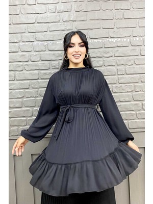 Bym Fashion Bym Eteği Pile Görünümlü Bel Kuşaklı Piliseli Tunik 2673 Siyah