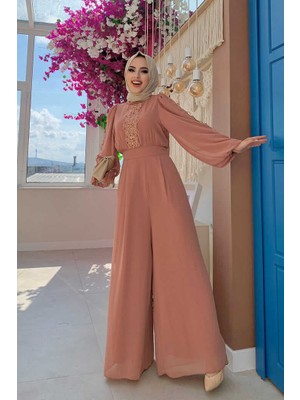 Bym Fashion Bym Dantel Işleme Detay Kol Manşetleri Lastikli Şifon Tulum 3730 Somon