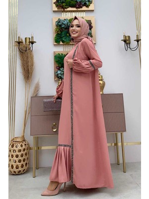 Bym Fashion Bym Taş Detaylı Abaya Sıfır Kol Elbise Takım 3657 Pudra