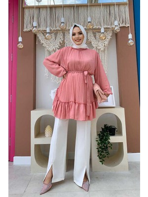 Bym Fashion Bym Eteği Pile Görünümlü Bel Kuşaklı Piliseli Tunik 2673 Pudra