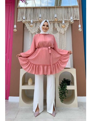 Bym Fashion Bym Eteği Pile Görünümlü Bel Kuşaklı Piliseli Tunik 2673 Pudra