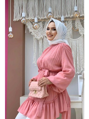 Bym Fashion Bym Eteği Pile Görünümlü Bel Kuşaklı Piliseli Tunik 2673 Pudra